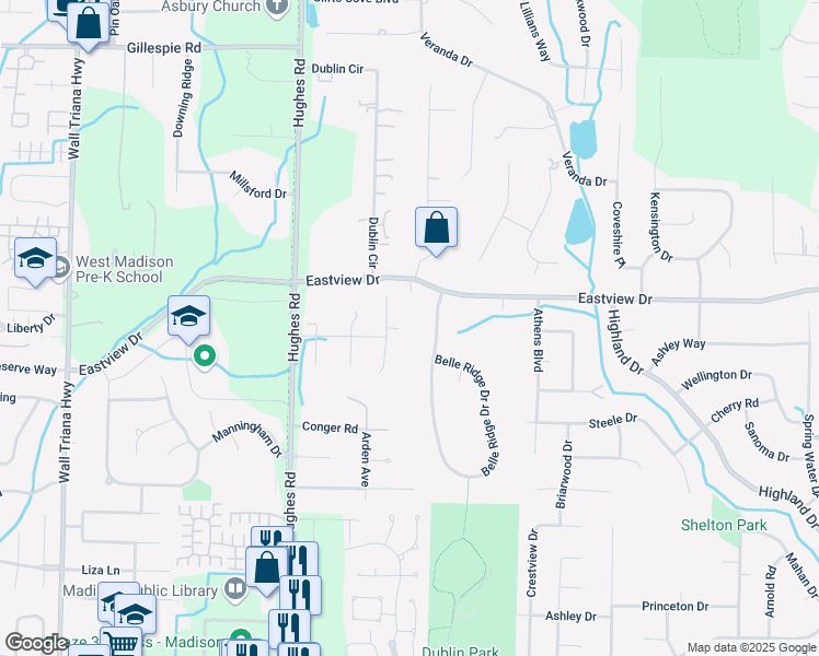 map of restaurants, bars, coffee shops, grocery stores, and more near 108 Shadowridge Drive in Madison