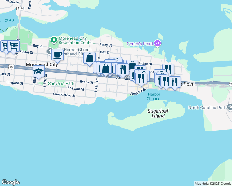 map of restaurants, bars, coffee shops, grocery stores, and more near 1003 Shepard Street in Morehead City
