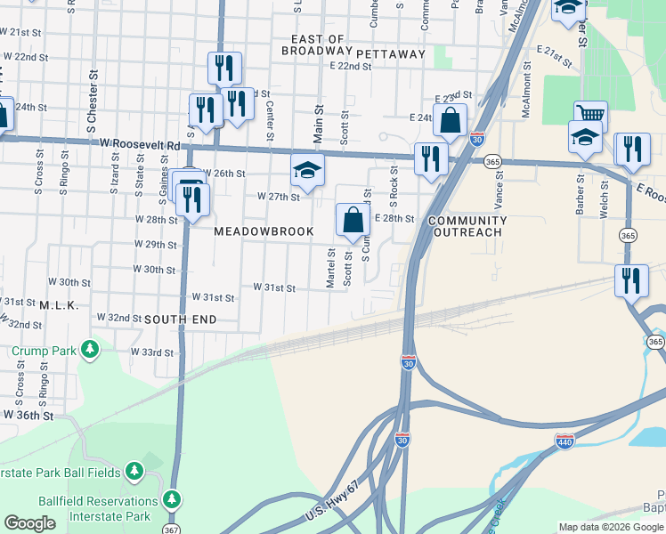 map of restaurants, bars, coffee shops, grocery stores, and more near 3009 Scott Street in Little Rock