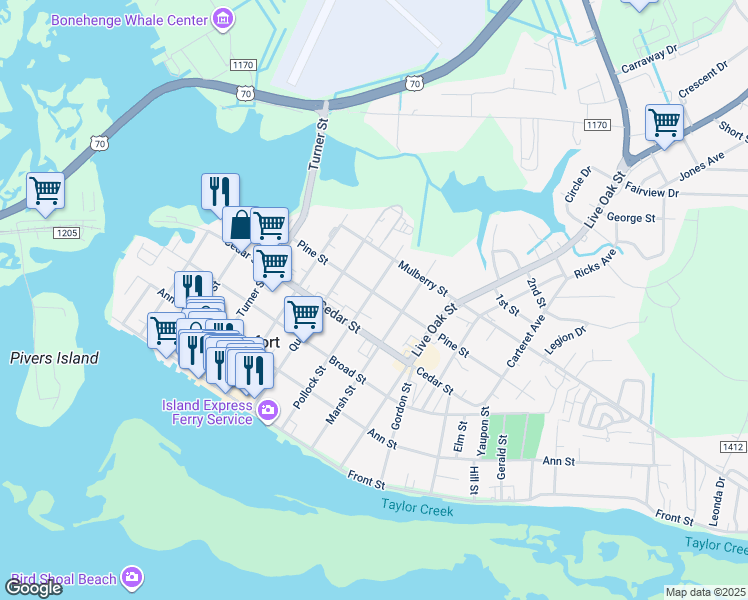 map of restaurants, bars, coffee shops, grocery stores, and more near 420 Pollock Street in Beaufort