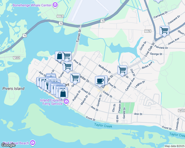 map of restaurants, bars, coffee shops, grocery stores, and more near 420 Pollock Street in Beaufort