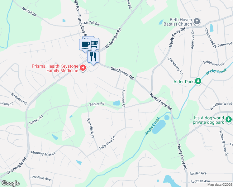 map of restaurants, bars, coffee shops, grocery stores, and more near 605 Redmont Court in Simpsonville