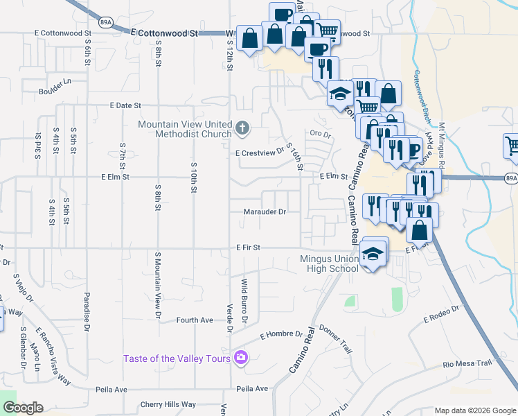 map of restaurants, bars, coffee shops, grocery stores, and more near 1124 South 13th Place in Cottonwood