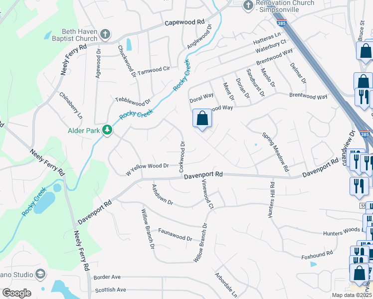map of restaurants, bars, coffee shops, grocery stores, and more near 220 Larchwood Drive in Simpsonville