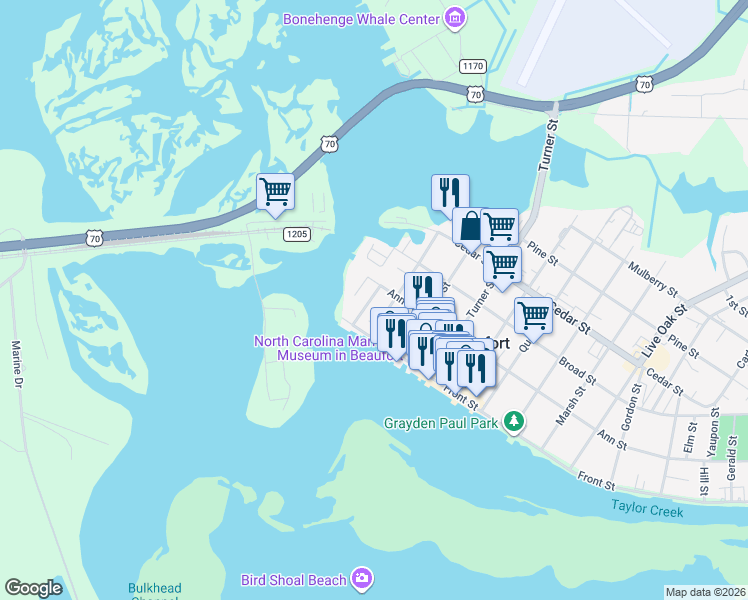map of restaurants, bars, coffee shops, grocery stores, and more near 119 Ann Street in Beaufort