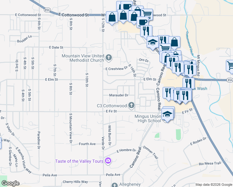 map of restaurants, bars, coffee shops, grocery stores, and more near 1316 5 Star Boulevard in Cottonwood