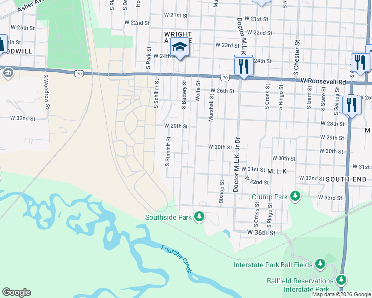 map of restaurants, bars, coffee shops, grocery stores, and more near 2924 South Battery Street in Little Rock