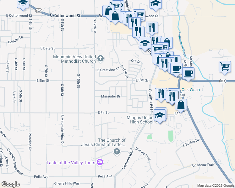 map of restaurants, bars, coffee shops, grocery stores, and more near 1411 5 Star Boulevard in Cottonwood