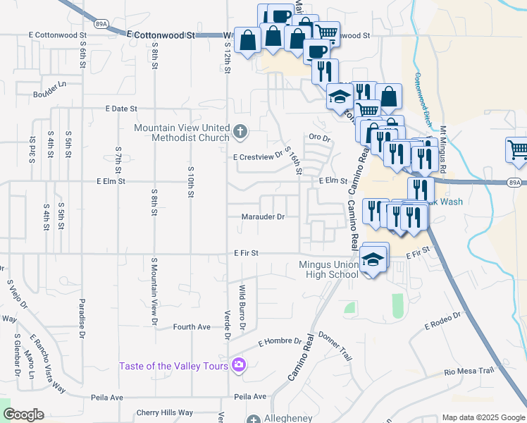 map of restaurants, bars, coffee shops, grocery stores, and more near 1316 5 Star Boulevard in Cottonwood