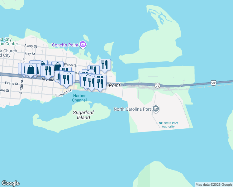 map of restaurants, bars, coffee shops, grocery stores, and more near 104 South 3rd Street in Morehead City