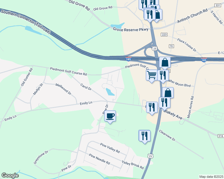 map of restaurants, bars, coffee shops, grocery stores, and more near 607 Emily Lane in Piedmont