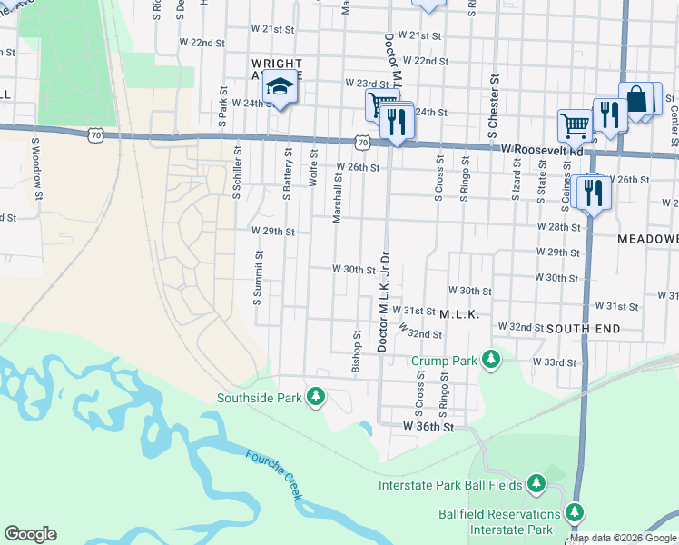 map of restaurants, bars, coffee shops, grocery stores, and more near 2907 Marshall Street in Little Rock