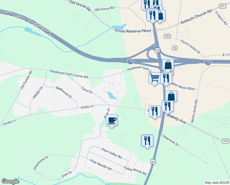 map of restaurants, bars, coffee shops, grocery stores, and more near 607 Emily Lane in Piedmont