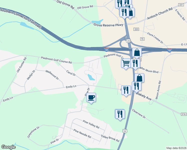 map of restaurants, bars, coffee shops, grocery stores, and more near 607 Emily Lane in Piedmont