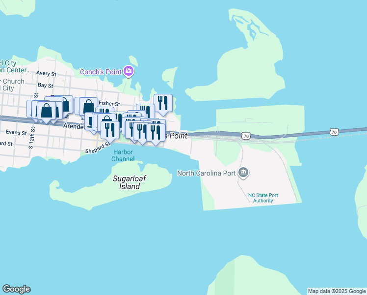 map of restaurants, bars, coffee shops, grocery stores, and more near 211 Arendell Street in Morehead City