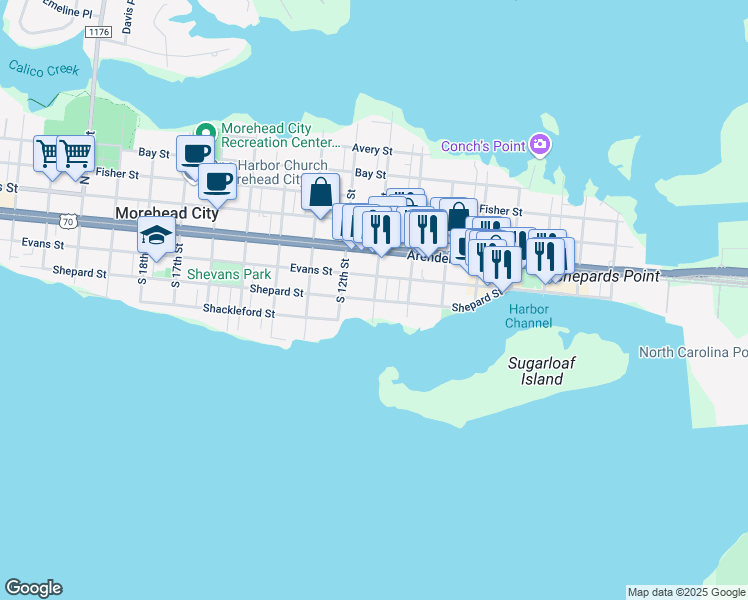 map of restaurants, bars, coffee shops, grocery stores, and more near 11th Street in Morehead City