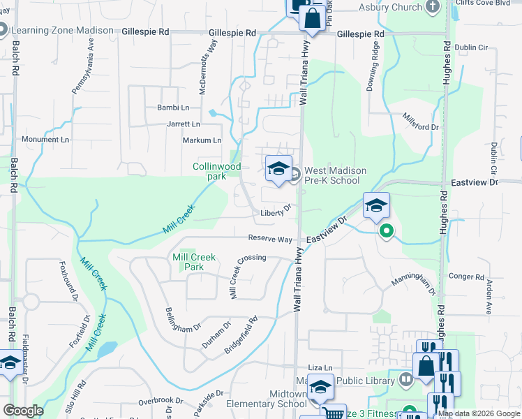 map of restaurants, bars, coffee shops, grocery stores, and more near 116 Liberty Drive in Madison