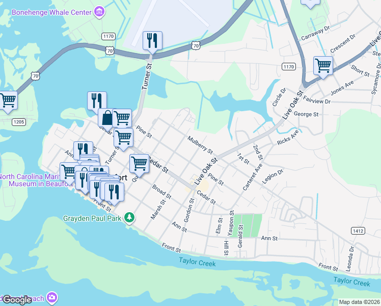 map of restaurants, bars, coffee shops, grocery stores, and more near 508 Pollock Street in Beaufort