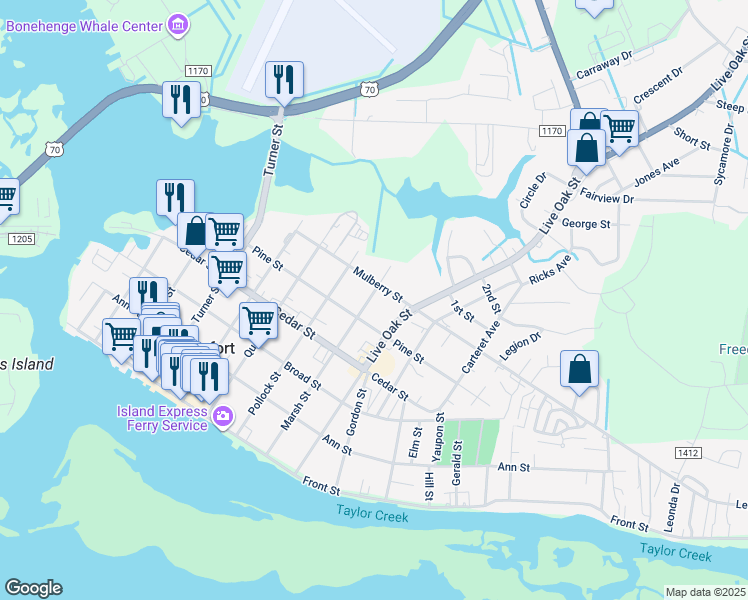map of restaurants, bars, coffee shops, grocery stores, and more near 516 Marsh Street in Beaufort
