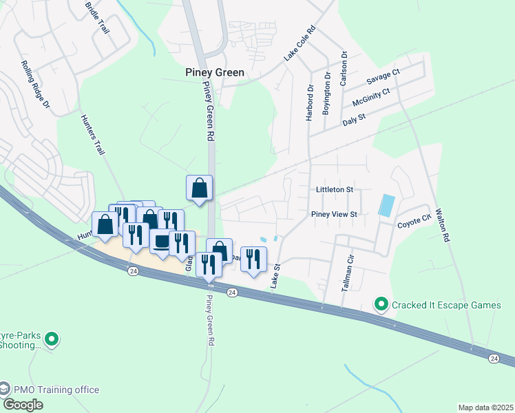 map of restaurants, bars, coffee shops, grocery stores, and more near 1003 Churchill Way in Piney Green