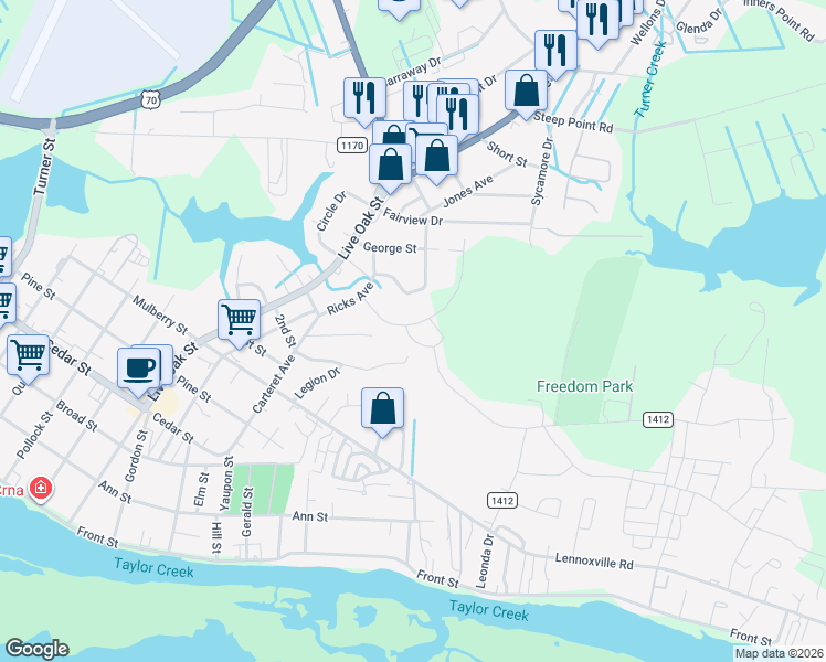 map of restaurants, bars, coffee shops, grocery stores, and more near 113 Sherwood Boulevard in Beaufort