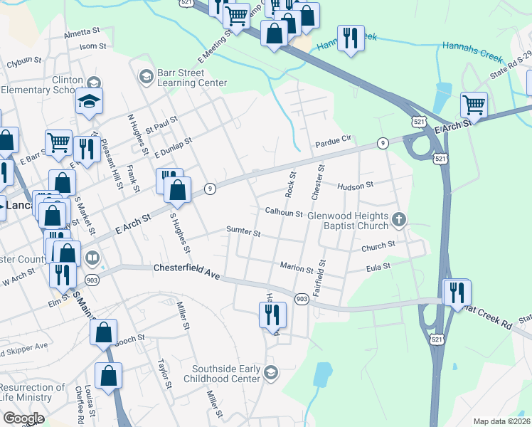 map of restaurants, bars, coffee shops, grocery stores, and more near 802 Hemmingway Drive in Lancaster
