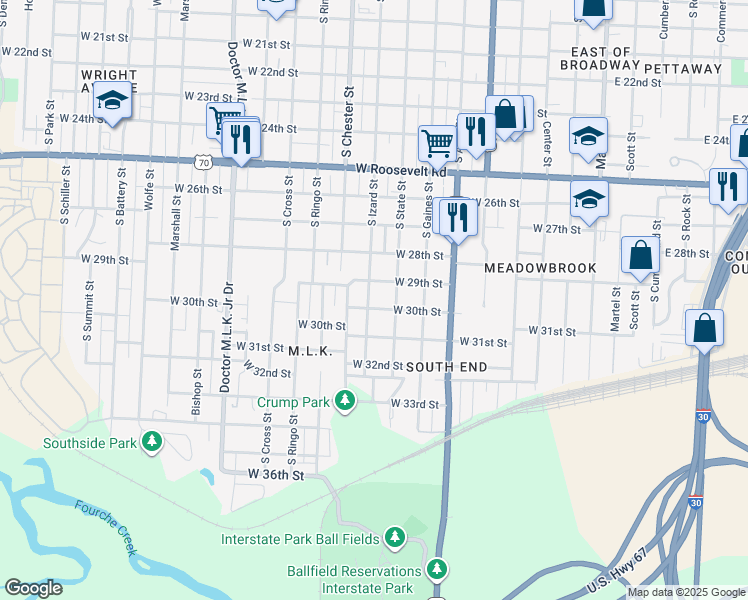 map of restaurants, bars, coffee shops, grocery stores, and more near 2900 South State Street in Little Rock