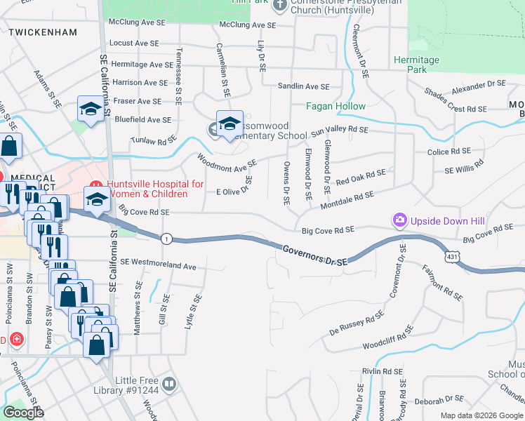 map of restaurants, bars, coffee shops, grocery stores, and more near 1412 Dale Circle Southeast in Huntsville