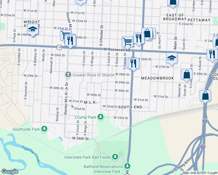 map of restaurants, bars, coffee shops, grocery stores, and more near 2900 South State Street in Little Rock
