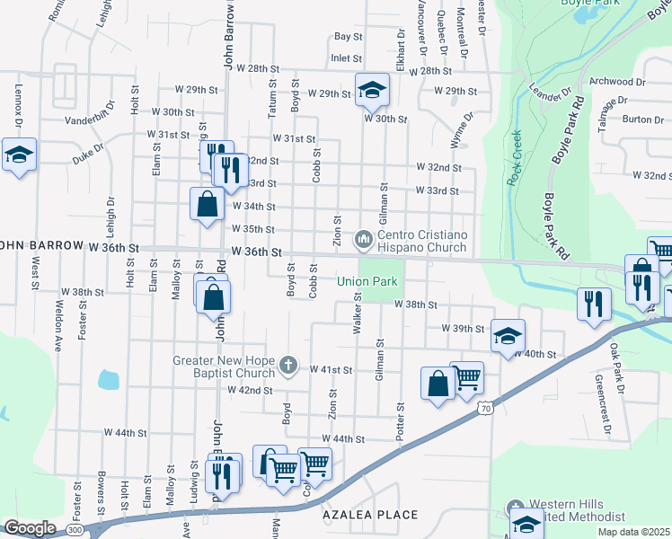 map of restaurants, bars, coffee shops, grocery stores, and more near 8209 West 36th Street in Little Rock