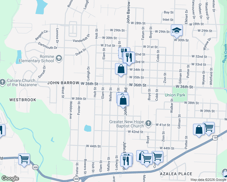 map of restaurants, bars, coffee shops, grocery stores, and more near 8915 West 36th Street in Little Rock