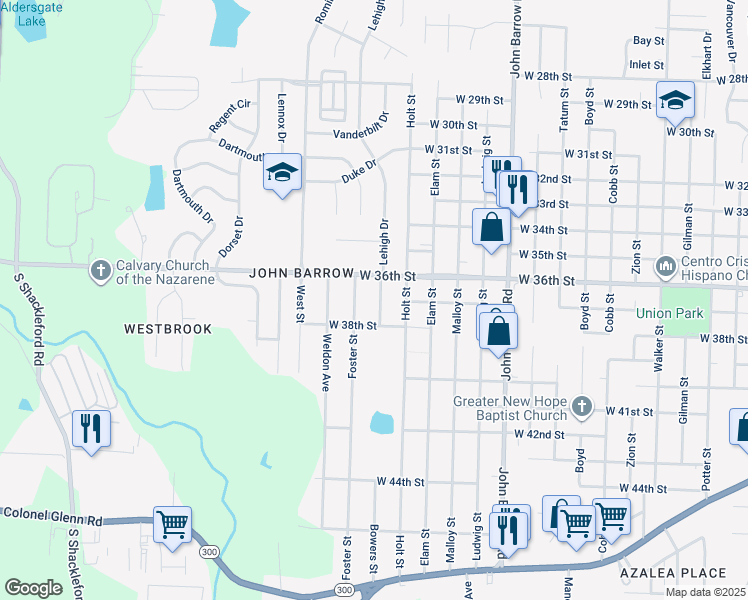 map of restaurants, bars, coffee shops, grocery stores, and more near 3600 Bowers Street in Little Rock