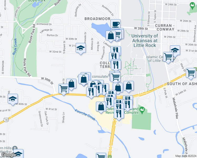 map of restaurants, bars, coffee shops, grocery stores, and more near 37 Purdue Circle in Little Rock