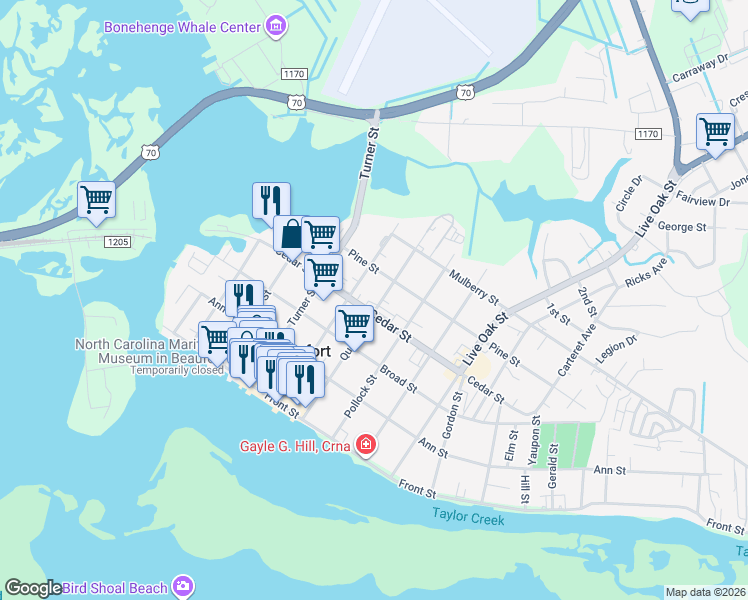 map of restaurants, bars, coffee shops, grocery stores, and more near 417 Queen Street in Beaufort