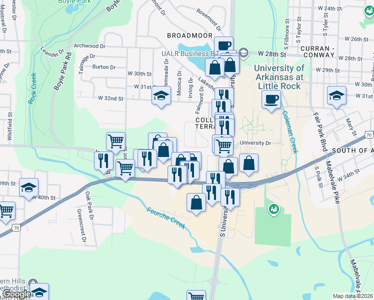 map of restaurants, bars, coffee shops, grocery stores, and more near 48 Purdue Circle in Little Rock