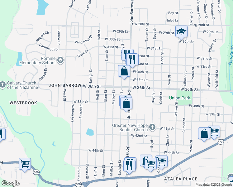 map of restaurants, bars, coffee shops, grocery stores, and more near 8915 West 36th Street in Little Rock