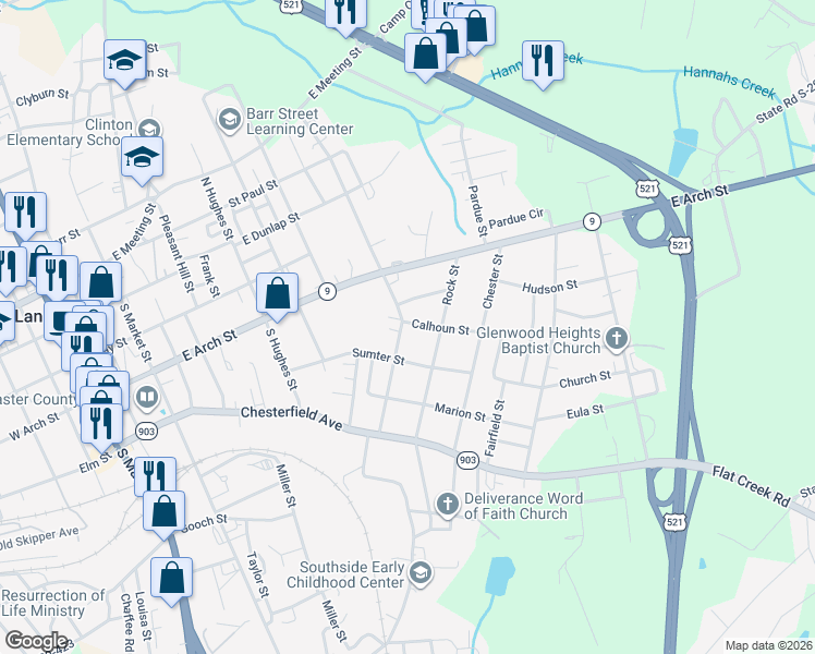 map of restaurants, bars, coffee shops, grocery stores, and more near 802 Hemmingway Drive in Lancaster