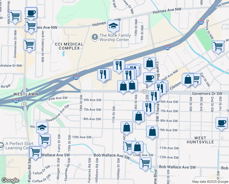 map of restaurants, bars, coffee shops, grocery stores, and more near in Huntsville