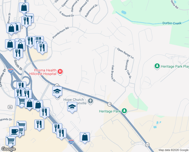 map of restaurants, bars, coffee shops, grocery stores, and more near 101 Silver Falls Drive in Simpsonville