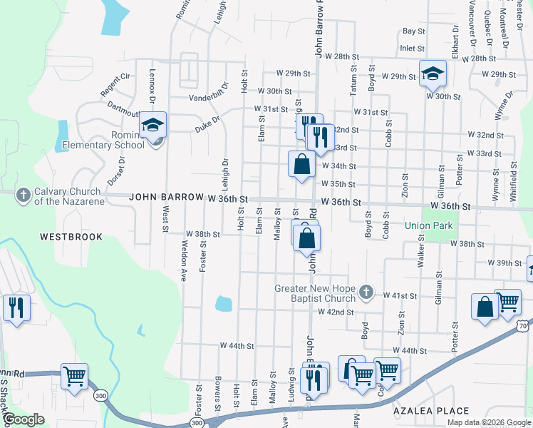 map of restaurants, bars, coffee shops, grocery stores, and more near 9020 West 37th Street in Little Rock