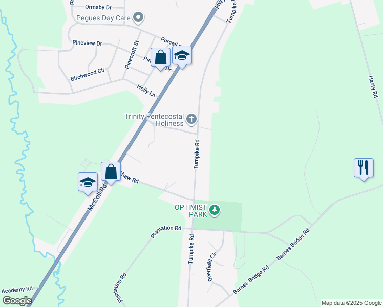 map of restaurants, bars, coffee shops, grocery stores, and more near 10100 Turnpike Road in Laurinburg