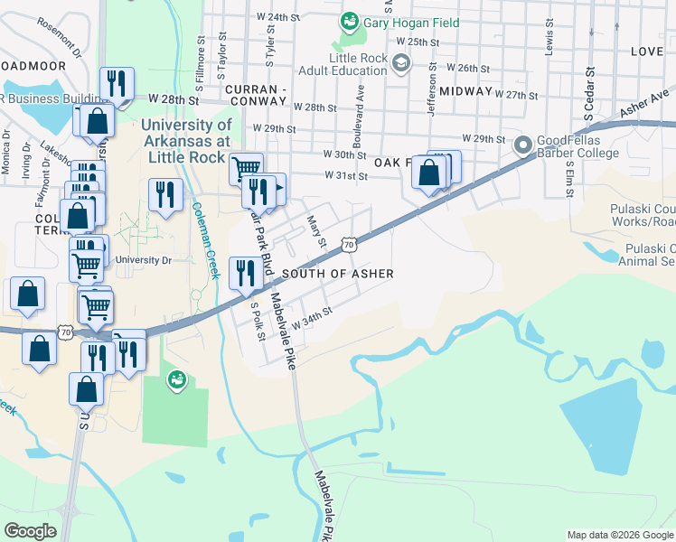map of restaurants, bars, coffee shops, grocery stores, and more near 5103 Asher Avenue in Little Rock