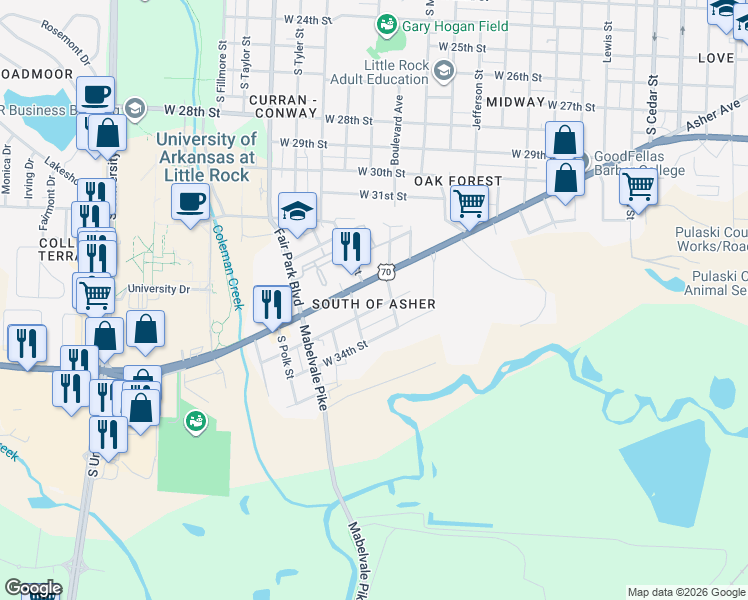 map of restaurants, bars, coffee shops, grocery stores, and more near 5103 Asher Avenue in Little Rock