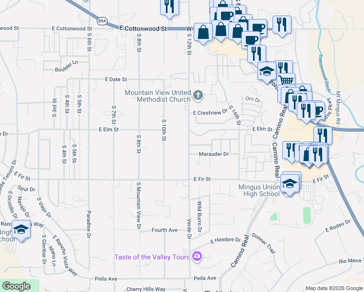 map of restaurants, bars, coffee shops, grocery stores, and more near 1031 South 12th Street in Cottonwood