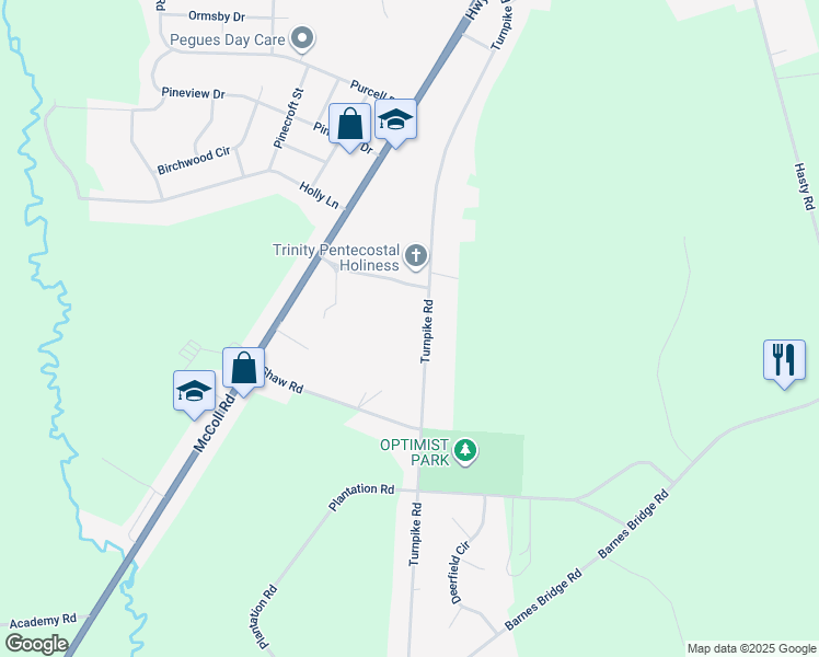 map of restaurants, bars, coffee shops, grocery stores, and more near 10100 Turnpike Road in Laurinburg