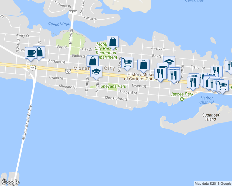 map of restaurants, bars, coffee shops, grocery stores, and more near 1501 Shepard Street in Morehead City