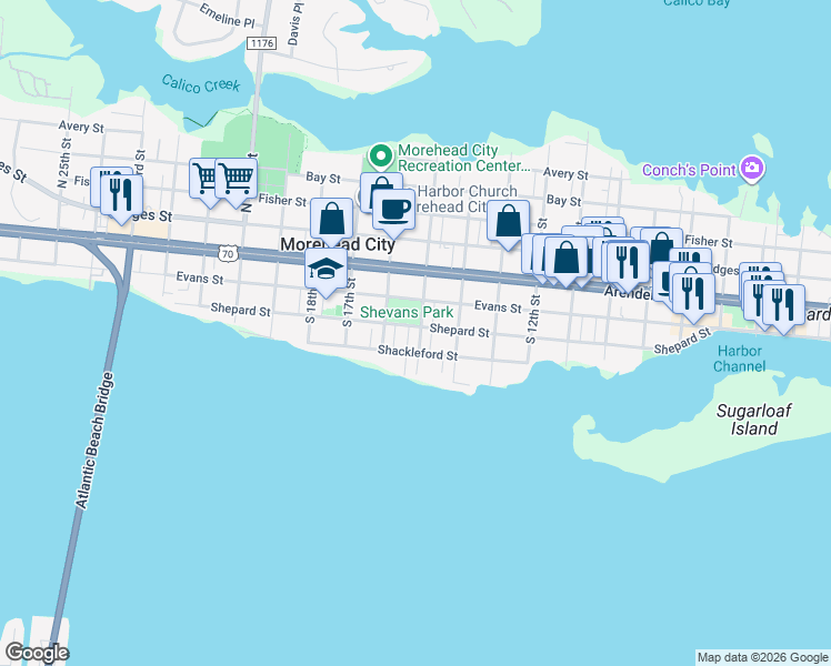 map of restaurants, bars, coffee shops, grocery stores, and more near 1500-1598 Shepard Street in Morehead City