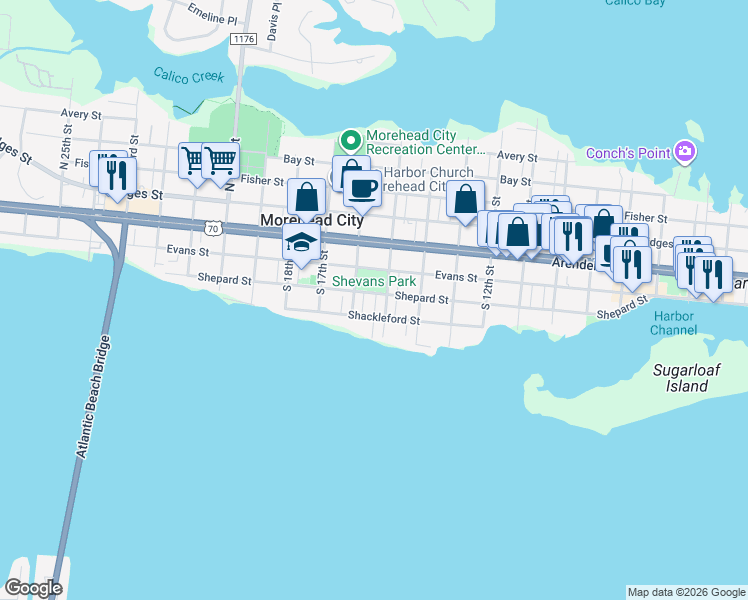 map of restaurants, bars, coffee shops, grocery stores, and more near 1500-1598 Shepard Street in Morehead City