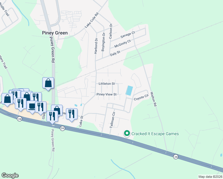 map of restaurants, bars, coffee shops, grocery stores, and more near 1212 12th Street in Piney Green