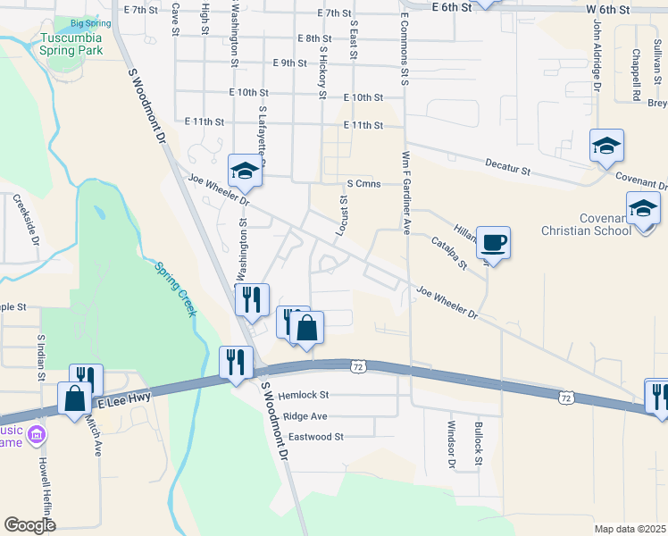 map of restaurants, bars, coffee shops, grocery stores, and more near Harrison Drive in Tuscumbia